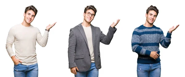 Collage Joven Hombre Negocios Guapo Sobre Fondo Aislado Sonriendo Alegre —  Fotos de Stock