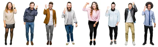 Collage People White Isolated Background Angry Mad Raising Fist Frustrated — Stock Photo, Image