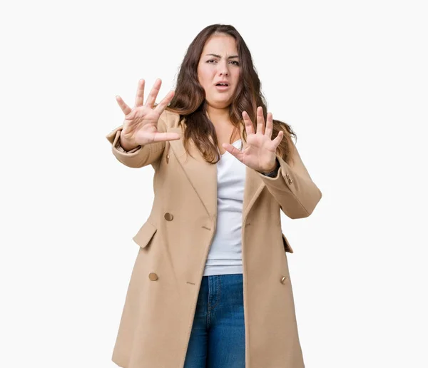 Beautiful Size Young Woman Wearing Winter Coat Isolated Background Afraid — Stock Photo, Image