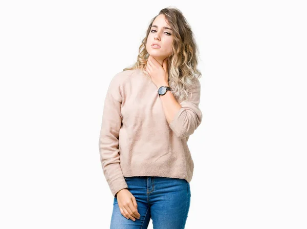 Hermosa Mujer Rubia Joven Con Sudadera Sobre Fondo Aislado Tocando — Foto de Stock