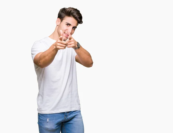 Mladý Pohledný Muž Sobě Bílé Tričko Izolované Pozadí Ukazovat Prstem — Stock fotografie