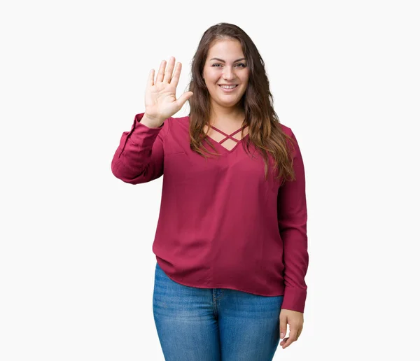 Mooie Grootte Jonge Vrouw Geïsoleerde Achtergrond Afzien Zeggen Hallo Gelukkig — Stockfoto