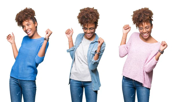 Collage Unga Vackra Afrikansk Flicka Över Isolerad Bakgrund Dancing Glad — Stockfoto