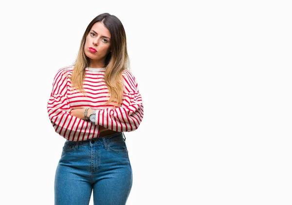 Mooie Jongedame Casual Strepen Winter Trui Geïsoleerde Achtergrond Met Ernstige — Stockfoto