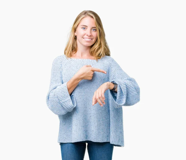 Beautiful Young Woman Wearing Blue Sweater Isolated Background Hurry Pointing — Stock Photo, Image