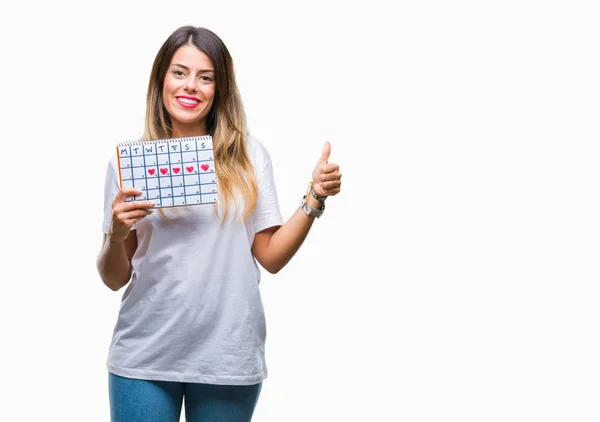 Jonge Mooie Vrouw Houdt Van Menstruatie Kalender Geïsoleerde Achtergrond Blij — Stockfoto