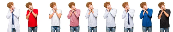 Collage Young Man Wearing Different Looks Isolated White Background Sleeping — Stock Photo, Image