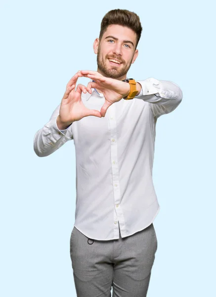 Fiatal Jóképű Üzletember Szerelmes Szív Szimbólum Kéz Alakú Mosolyogva Romantikus — Stock Fotó