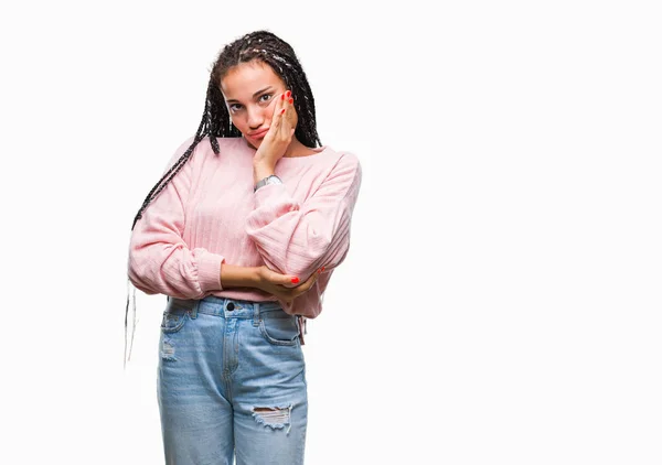 Jovem Trançado Cabelo Afro Americano Menina Vestindo Suéter Sobre Fundo — Fotografia de Stock