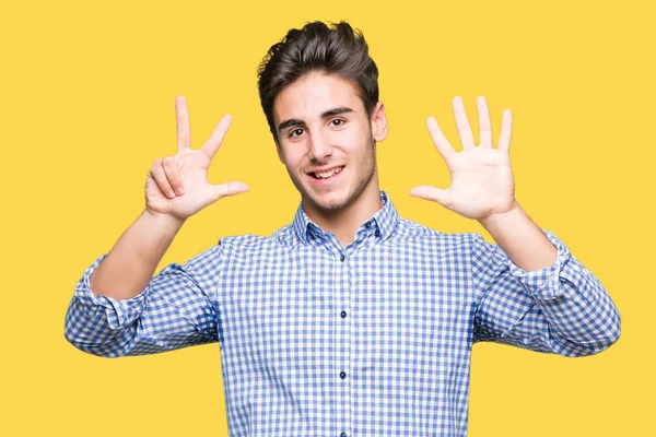 Joven Hombre Negocios Guapo Sobre Fondo Aislado Mostrando Apuntando Hacia —  Fotos de Stock