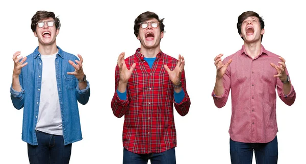 Collage Young Man White Isolated Background Crazy Mad Shouting Yelling — Stock Photo, Image