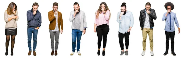 Collage Personas Sobre Fondo Blanco Aislado Sintiéndose Mal Tosiendo Como — Foto de Stock