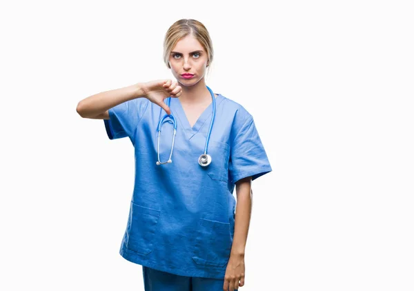 Genç Güzel Sarışın Doktor Cerrah Hemşire Kadın Yüzünden Mutsuz Kızgın — Stok fotoğraf