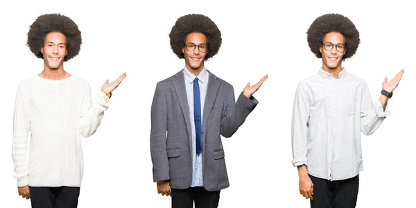 Колаж Молодого Чоловіка Афро Волоссям Над Білим Ізольованим Фоном Усміхнений — стокове фото