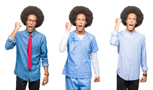 Koláž Mladého Muže Afro Vlasy Bílé Izolované Pozadí Vztek Šílený — Stock fotografie