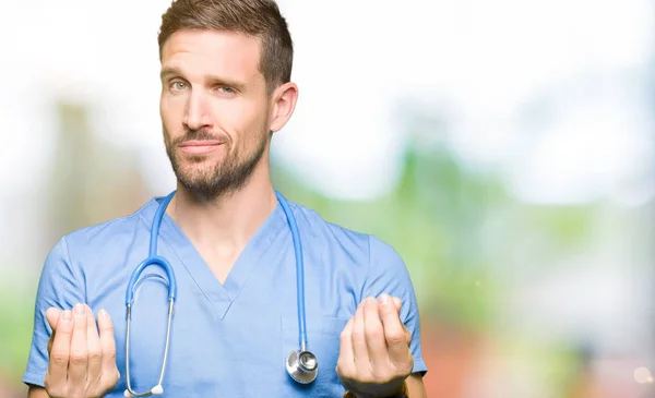 Handsome Doctor Man Wearing Medical Uniform Isolated Background Doing Money — Stock Photo, Image