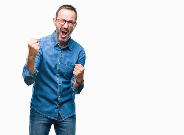 Hombre Mediana Edad Con Gafas Sobre Fondo Aislado Muy Feliz —  Fotos de Stock