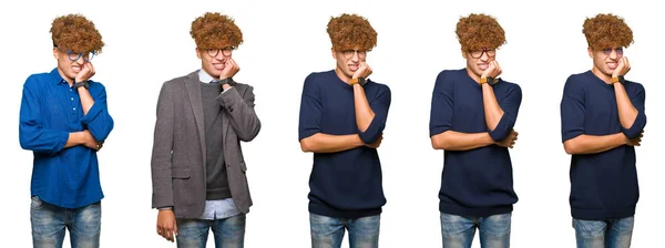 Collage Ung Affärsman Bära Glasögon Över Isolerade Vit Bakgrund Ser — Stockfoto
