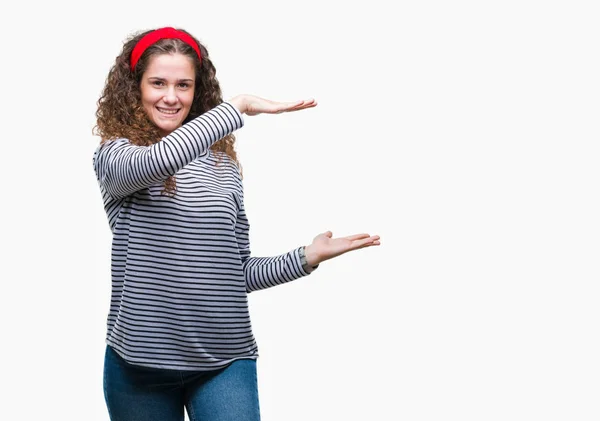 Beautiful Brunette Curly Hair Young Girl Wearing Stripes Sweater Isolated — Stock Photo, Image