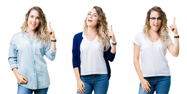 Collage Ung Vacker Blond Tjej Över Isolerade Bakgrund Pekar Finger — Stockfoto