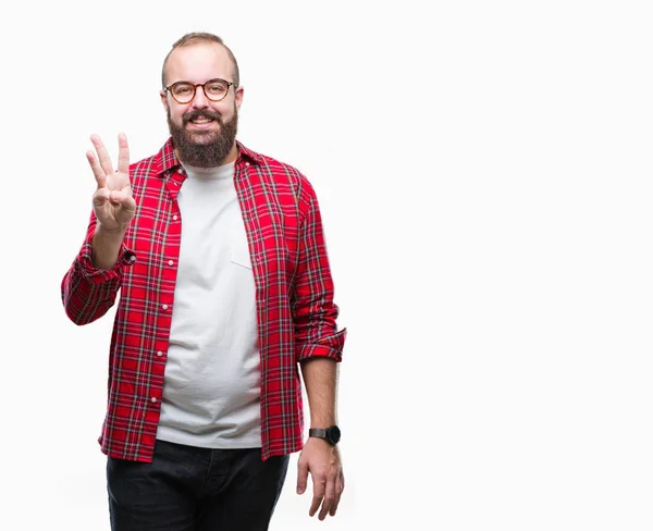 Young Caucasian Hipster Man Wearing Glasses Isolated Background Showing Pointing — Stock Photo, Image