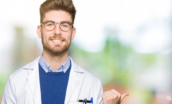 Young Handsome Scientist Man Wearing Glasses Smiling Happy Face Looking — Stock Photo, Image