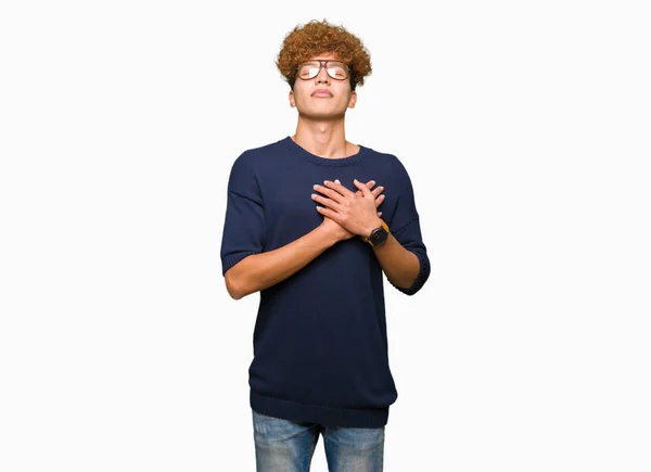 Young Handsome Man Afro Wearing Glasses Smiling Hands Chest Closed — Stock Photo, Image