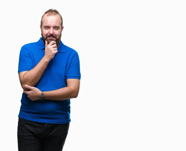 Joven Hombre Hipster Caucásico Con Camisa Azul Sobre Fondo Aislado — Foto de Stock