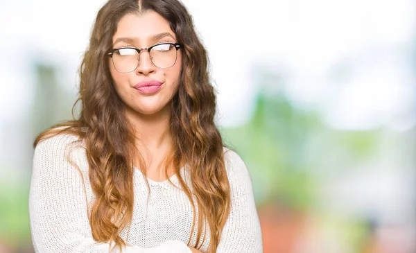 Mujer Hermosa Joven Con Gafas Escépticas Nerviosas Expresión Desaprobadora Cara —  Fotos de Stock