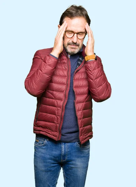 Middle Age Handsome Man Wearing Glasses Winter Coat Hand Head — Stock Photo, Image