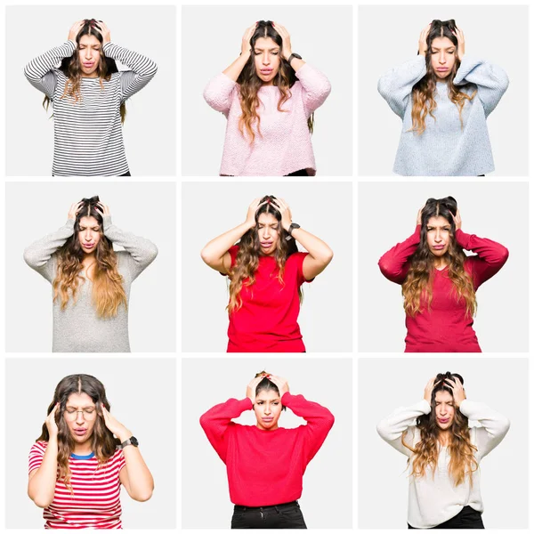 Collage Hermosa Mujer Joven Con Diferentes Miradas Sobre Fondo Blanco —  Fotos de Stock