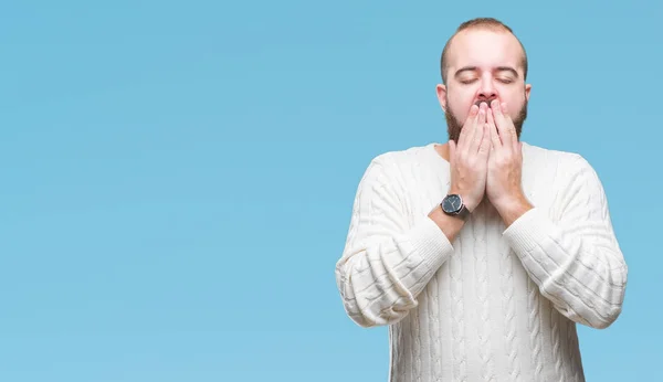 Giovane Uomo Hipster Caucasico Indossa Maglione Invernale Sfondo Isolato Annoiato — Foto Stock