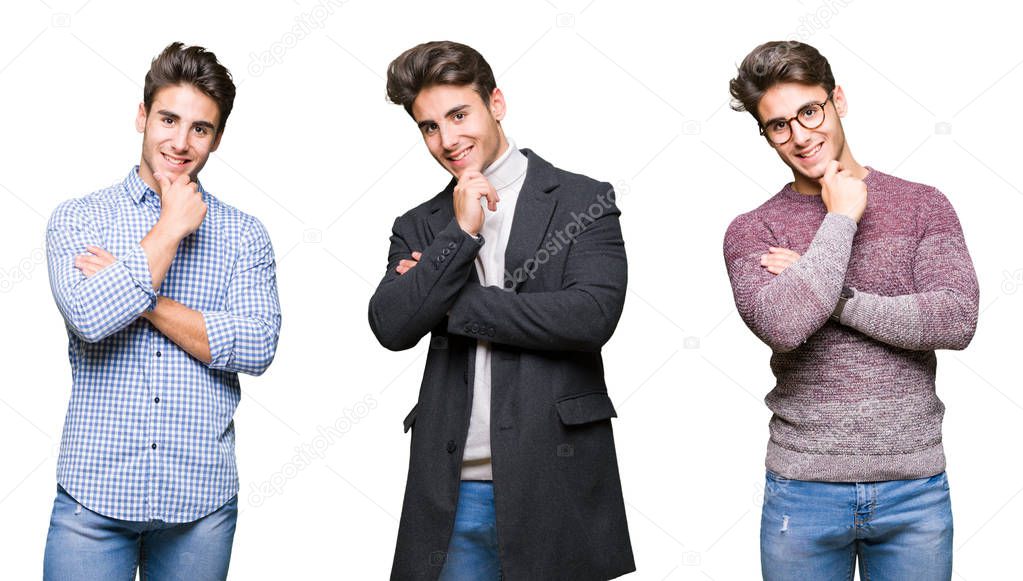 Collage of young handsome business man over isolated background looking confident at the camera with smile with crossed arms and hand raised on chin. Thinking positive.