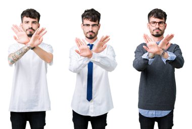 Kolaj gencin izole arka plan ret ifade geçiş silah ve avuç içi eksi işareti, kızgın surat yapıyor