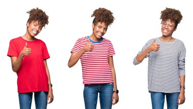 Genç güzel Afrikalı kız mutlu yaşasın el ile jest yapıyor izole arka plan üzerinde kolaj. Başarı gösteren kameraya bakarak ifade onaylama.