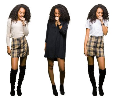 Kolaj genç kadının duygu hasta ve soğuk veya bronşit için semptom olarak öksürük izole beyaz arka plan üzerinde. Sağlık kavramı.