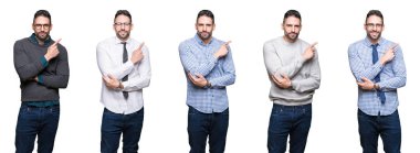 Beyaz izole arka planda yakışıklı iş adamı kolaj reklam, ciddi ve sakin yüz gösteren yan el parmağı ile Işaret