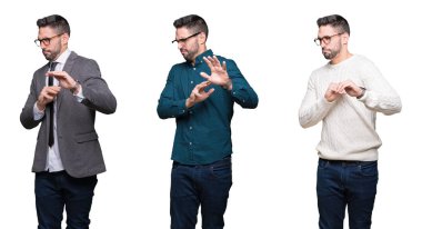 Beyaz izole arka plan mide bulandırılmış ifade, hoşnutlu ve korkuya karşı yakışıklı iş adamı kolaj çünkü kaçınma reaksiyonu acı yüz yapıyor. Ellerle kaldırdı. Rahatsız edici kavramı.
