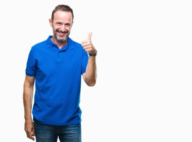 Orta yaş hareketi el ile mutlu yaşasın yapıyor izole arka plan üzerinde ağarmış komuta sizde. Kameraya bakarak başarı gösteren ile ifade onaylama.