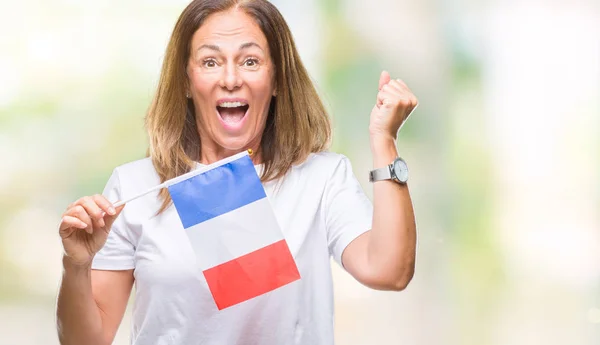 Mujer Hispana Mediana Edad Sosteniendo Bandera Francia Sobre Fondo Aislado — Foto de Stock