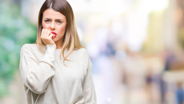 Young Beautiful Woman Casual White Sweater Isolated Background Looking Stressed — Stock Photo, Image