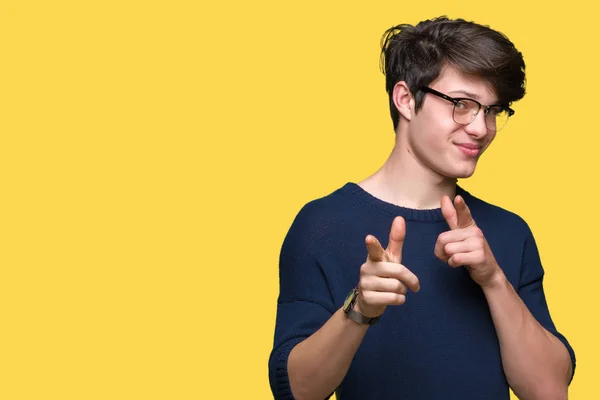 Joven Hombre Guapo Con Gafas Sobre Fondo Aislado Señalando Los —  Fotos de Stock