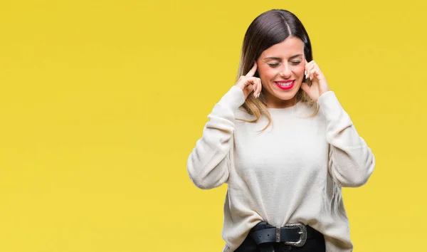 Giovane Bella Donna Casual Maglione Bianco Sfondo Isolato Che Copre — Foto Stock