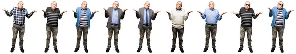 Коллаж Красивого Пожилого Человека Белом Изолированном Фоне Невежественное Запутанное Выражение — стоковое фото