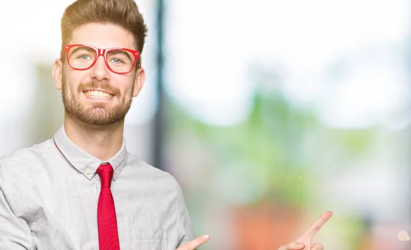 Young Handsome Business Man Wearing Glasses Smiling Looking Camera Pointing — Stock Photo, Image