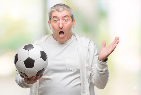 Handsome Senior Man Holding Soccer Football Ball Isolated Background Very — Stock Photo, Image