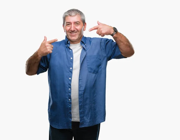 Bonito Homem Idoso Sobre Fundo Isolado Sorrindo Confiante Mostrando Apontando — Fotografia de Stock