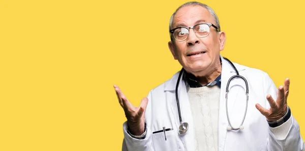 Handsome Senior Doctor Man Wearing Medical Coat Celebrating Surprised Amazed — Stock Photo, Image