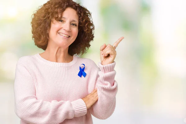 Middle Ager Senior Woman Wearing Changeable Blue Color Ribbon Awareness — Stock Photo, Image