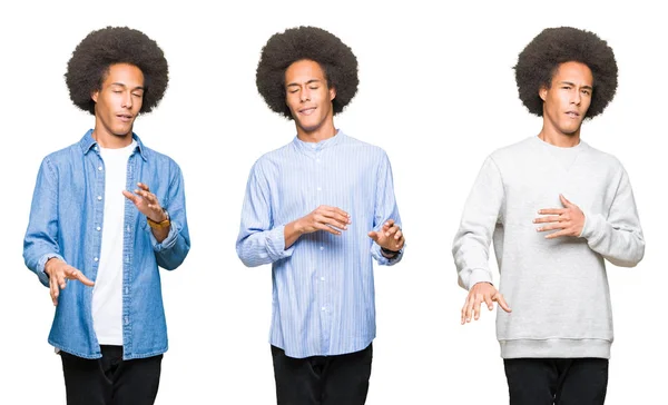 Collage Ung Man Med Afro Hår Över Vit Isolerade Bakgrund — Stockfoto